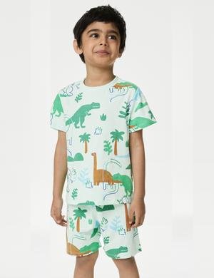 Saf Pamuklu Dinozor Desenli Pijama Takımı (1-8 Yaş)
