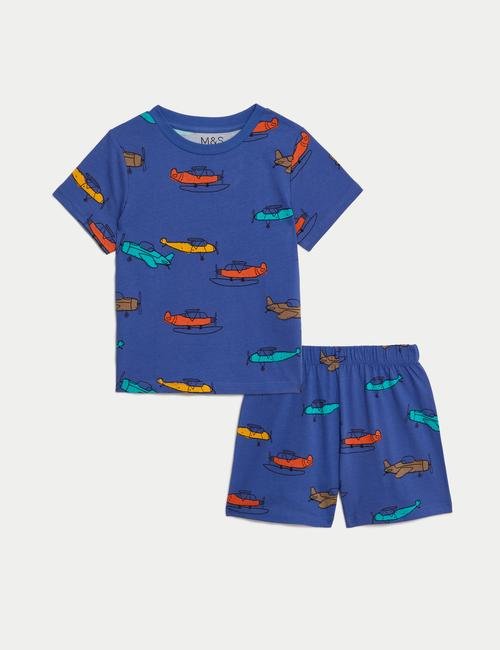 Mavi Saf Pamuklu Uçak Desenli Pijama Takımı (1-8 Yaş)