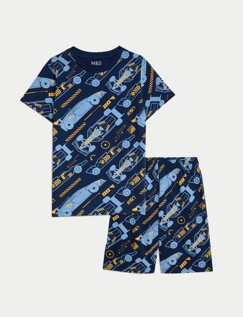 Mavi Saf Pamuklu Kısa Kollu Şortlu Pijama Takımı (7-14 Yaş)