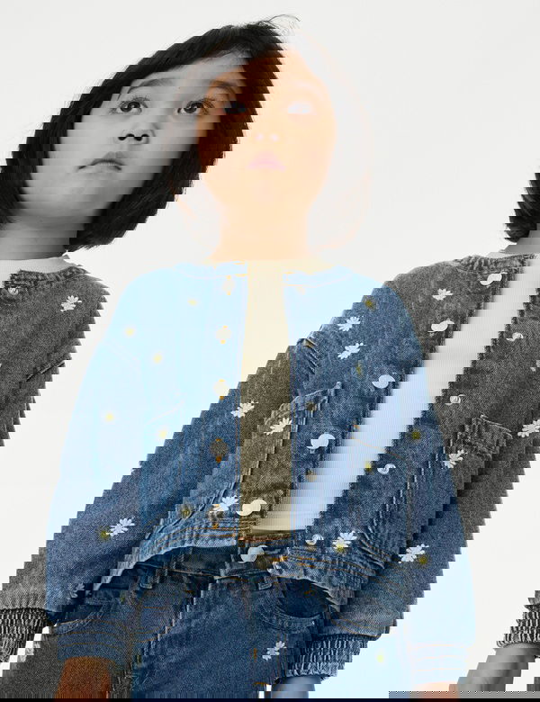 Denim Papatya Nakışlı Bomber Ceket (2-8 Yaş)