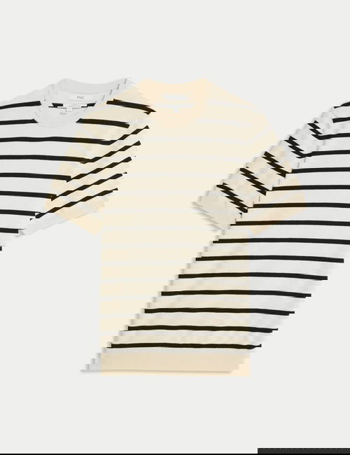 Krem Pamuk Karışımlı Çizgili Örgü Tshirt