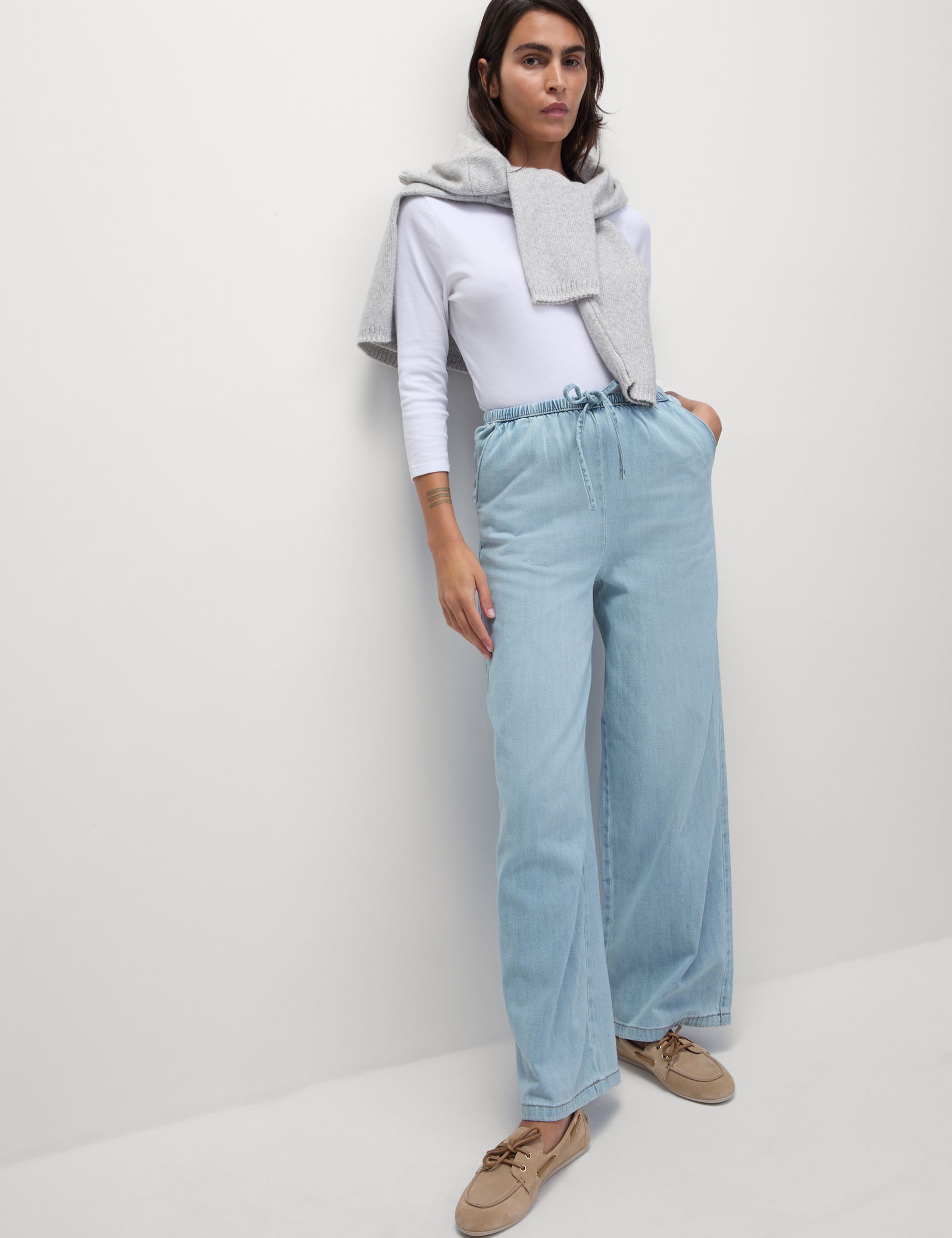 Denim Büzgülü Wide Leg Pantolon