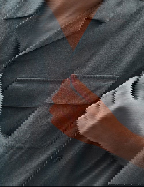 Gri Keten Karışımlı Cuban Yaka Gömlek​