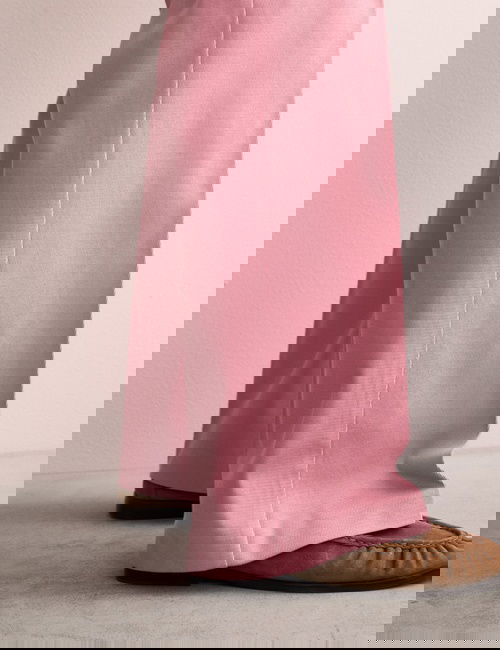 Pembe Pamuk Karışımlı Geniş Paça Keten Pantolon