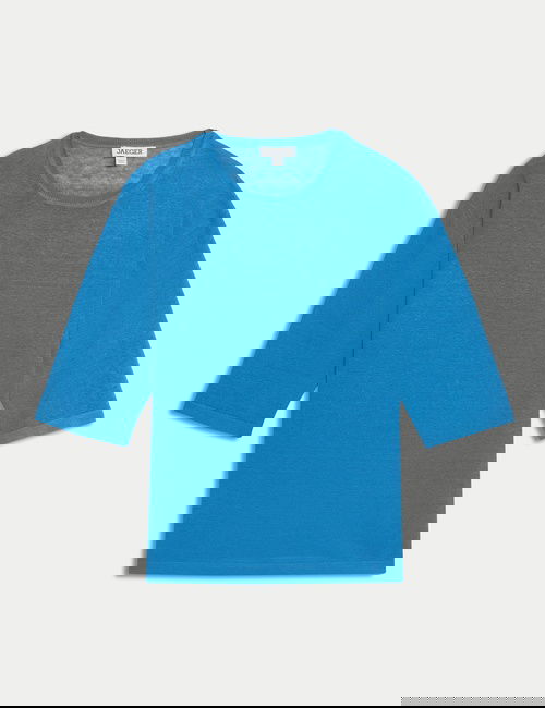 Mavi Saf Keten Dokulu T-Shirt