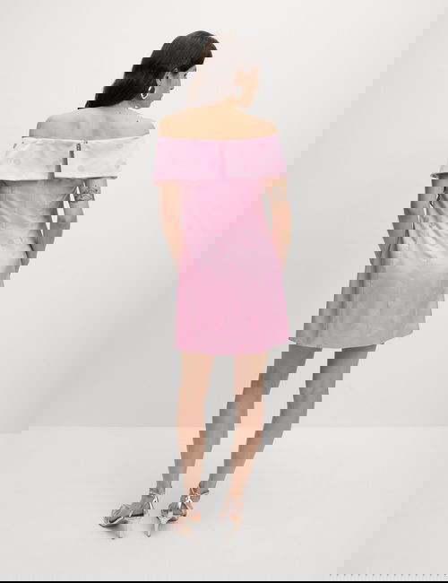 Pembe Saten Puantiyeli Bardot Mini Elbise