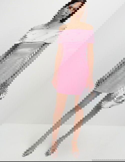 Pembe Saten Puantiyeli Bardot Mini Elbise