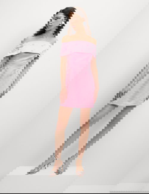 Pembe Saten Puantiyeli Bardot Mini Elbise