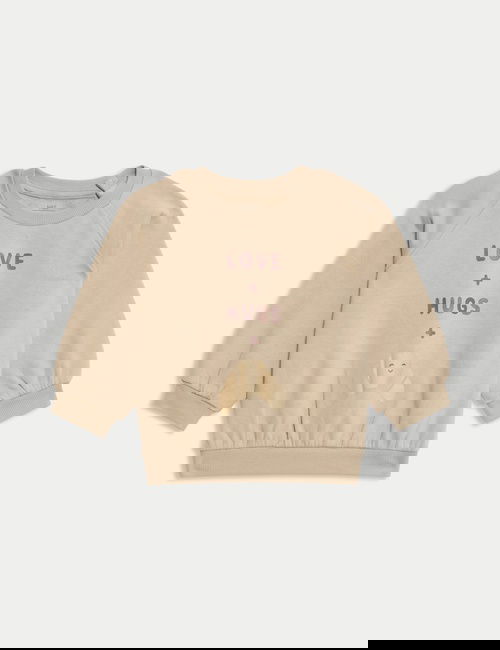 Krem Pamuk Karışımlı "Love & Hugs" Sloganlı Sweatshirt (0–3 Yaş)​