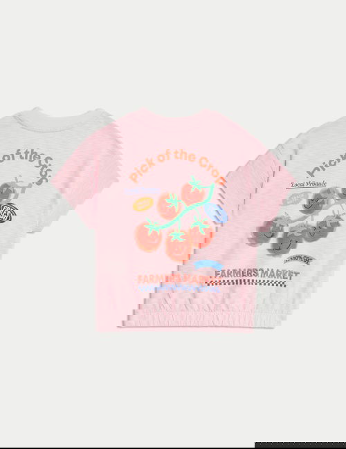 Pembe Saf Pamuklu Domates Baskılı Tişört (2–8 Yaş)