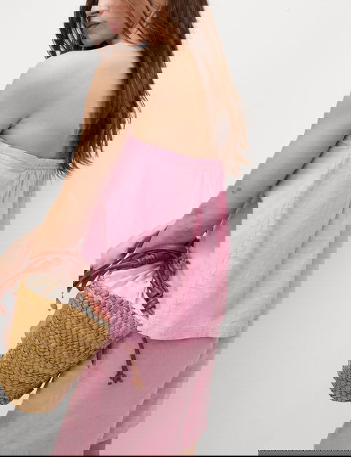 Pembe Keten Karışımlı Bandeau Üst