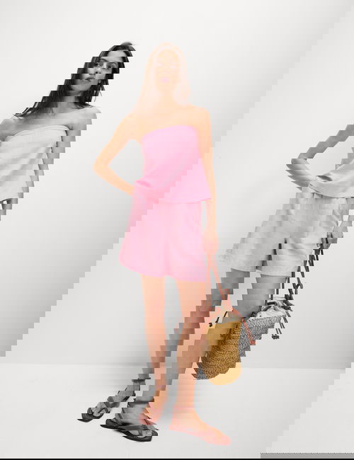 Pembe Keten Karışımlı Bandeau Üst