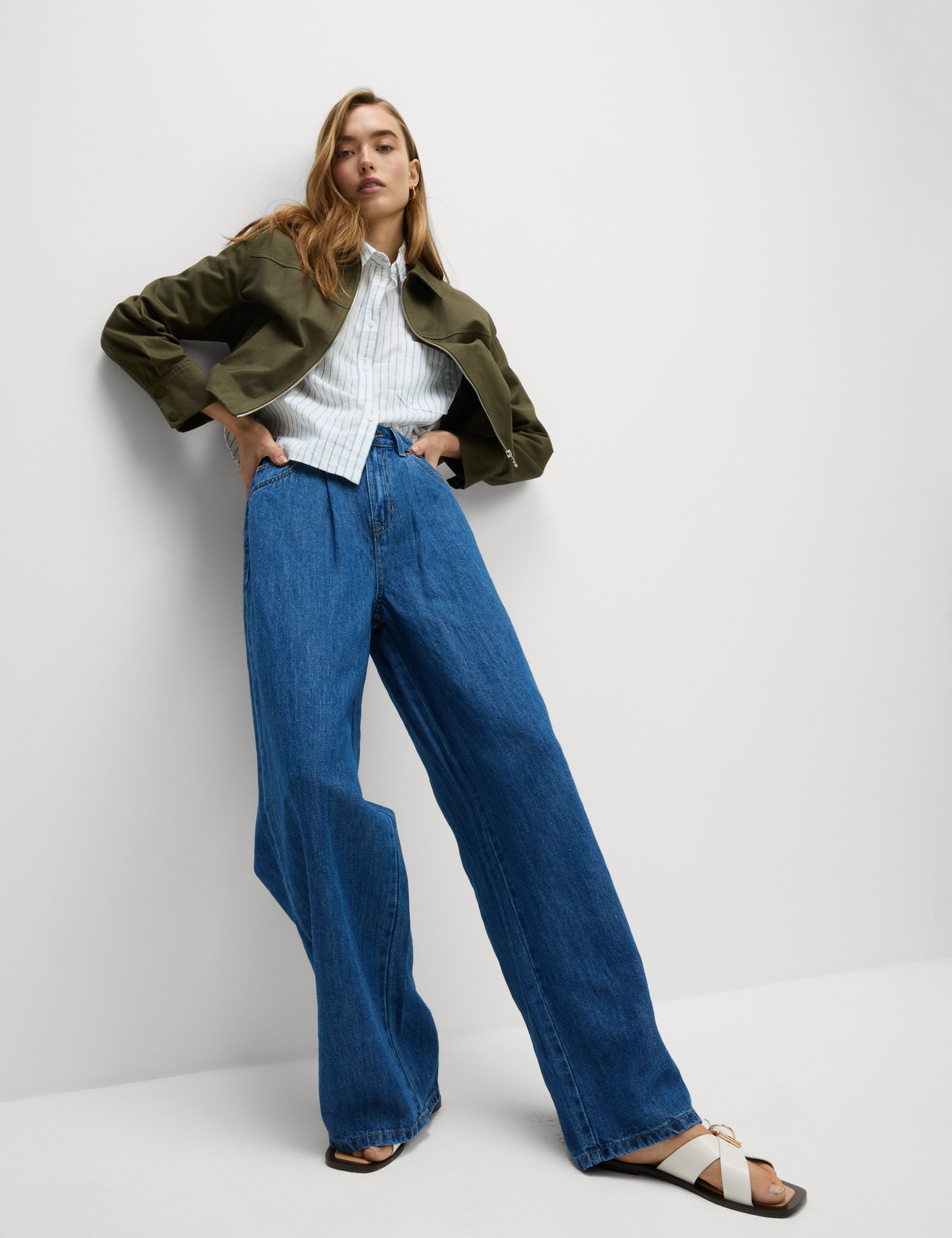 Keten Karışımlı Denim Geniş Paça Pantolon