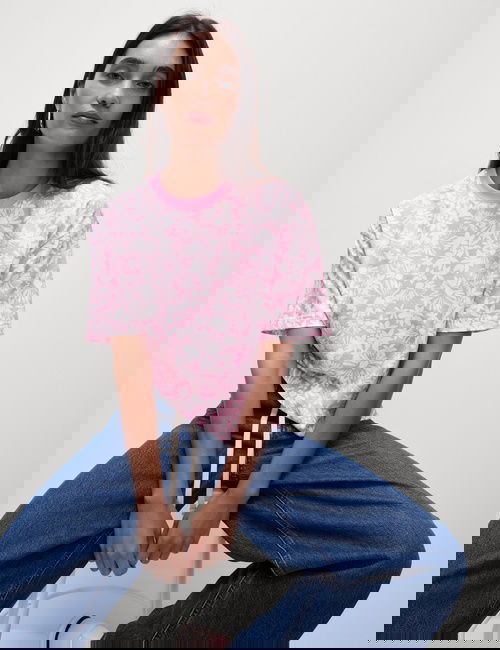 Pembe Mix Pamuklu Kısa Kollu Çiçek Desenli T-shirt