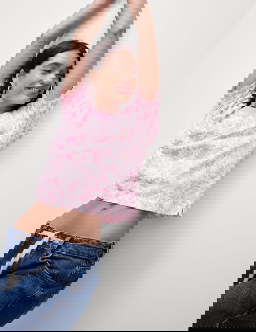 Pembe Mix Pamuklu Kısa Kollu Çiçek Desenli T-shirt