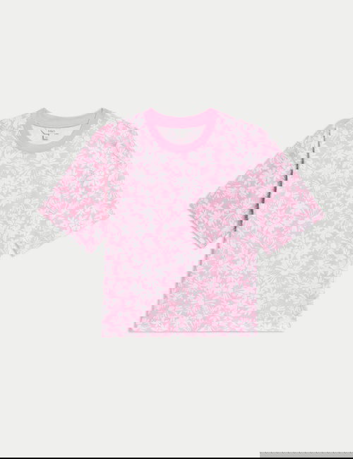 Pembe Mix Pamuklu Kısa Kollu Çiçek Desenli T-shirt