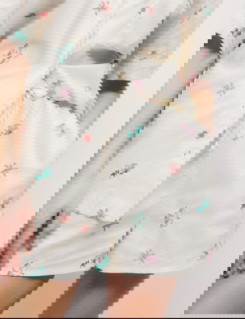 Krem Mix Saf Pamuklu Nakışlı Kısa Pijama Takımı