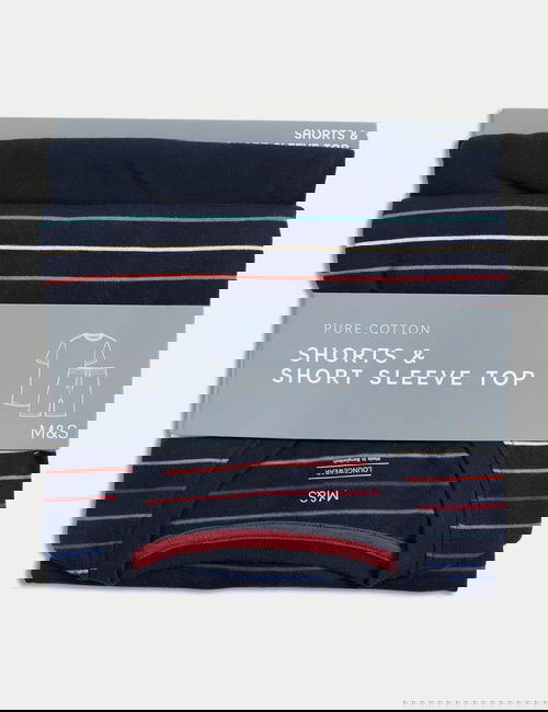 Lacivert Saf Pamuklu Çizgili Pijama Takımı