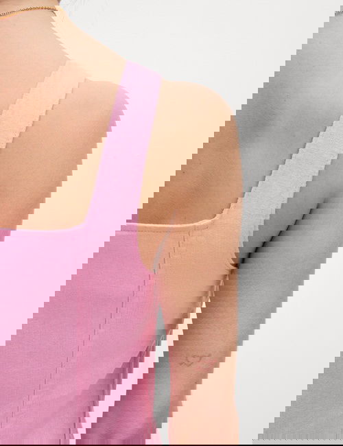 Pembe Keten Karışımlı Kare Yaka Mini Elbise