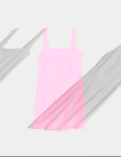 Pembe Keten Karışımlı Kare Yaka Mini Elbise