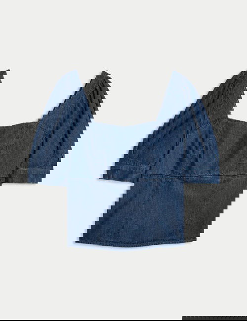 Mavi Saf Pamuklu Denim Kare Yaka Korse Bluz
