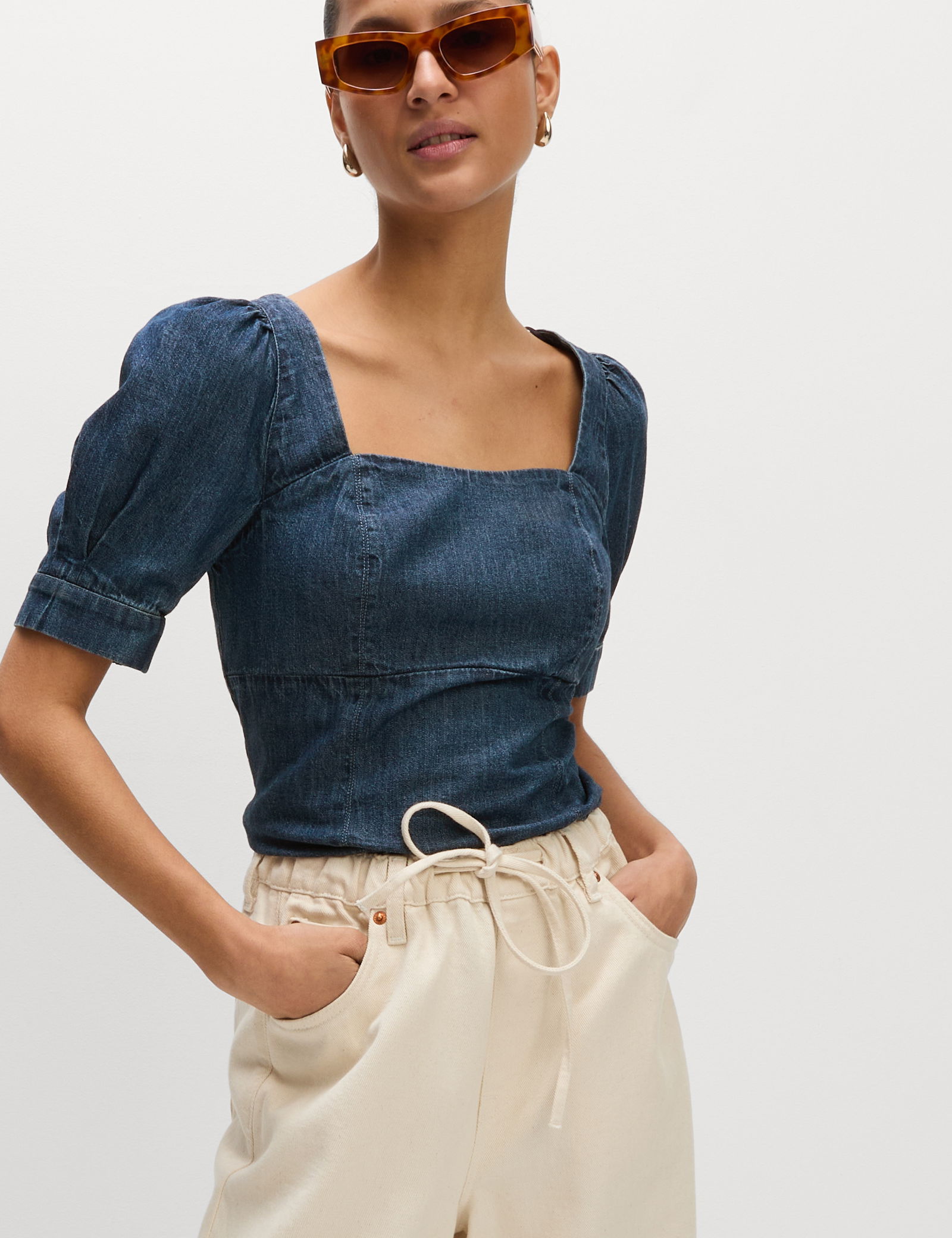 Saf Pamuklu Denim Kare Yaka Korse Bluz