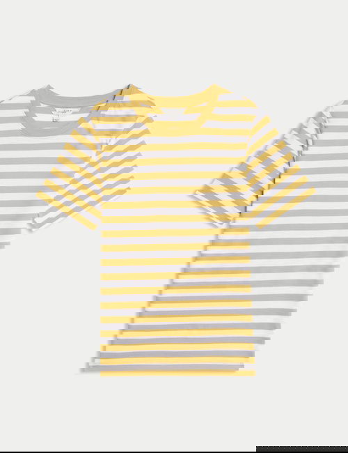 Sarı Saf Pamuklu Kısa Kollu Çizgili T-Shirt