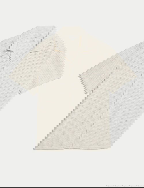 Krem Saf Pamuklu Kroşe Desenli Gömlek