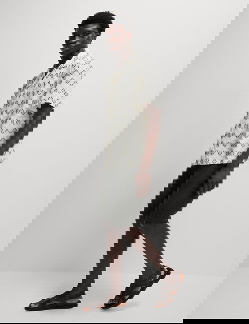 Krem Saf Pamuklu Geometrik Desenli Gömlek