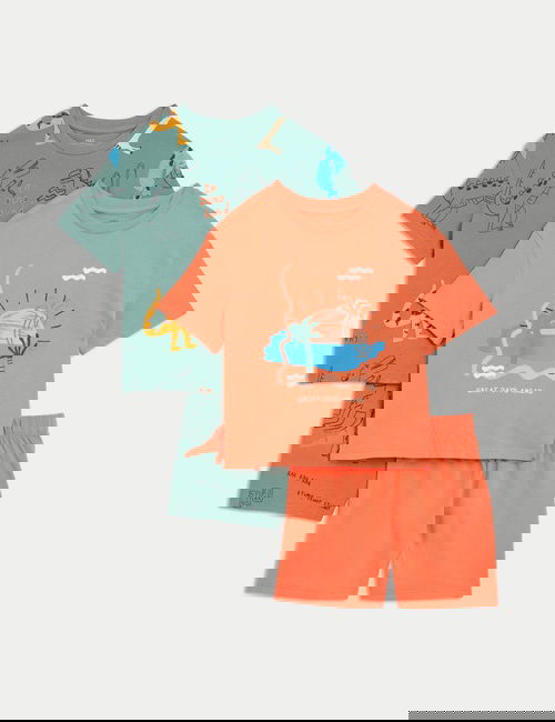Turuncu 2'li Saf Pamuklu Dinozor Desenli Pijama Takımı (1-8 Yaş)