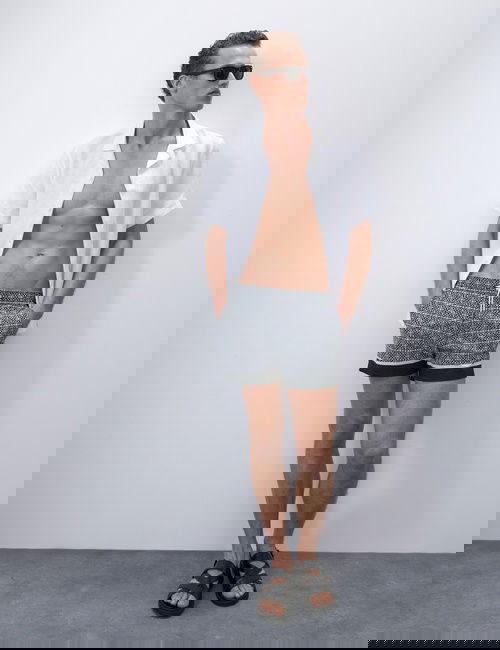 Siyah Hızlı Kuruyan Geometrik Desenli Erkek Mayo Şort