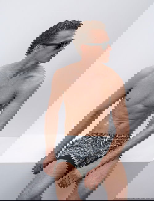 Siyah Hızlı Kuruyan Geometrik Desenli Erkek Mayo Şort